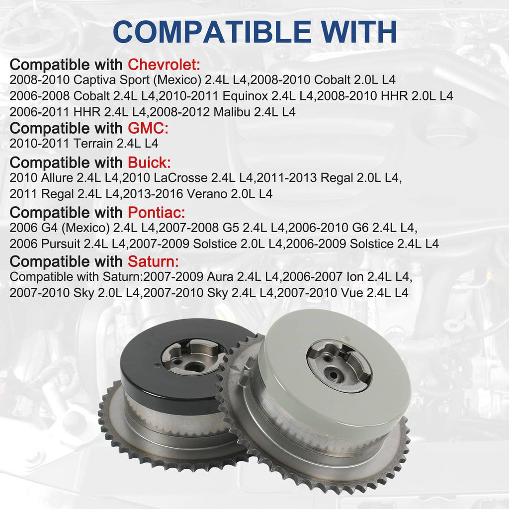 Two cam phaser sprockets with central hub holes, black and gray finishes