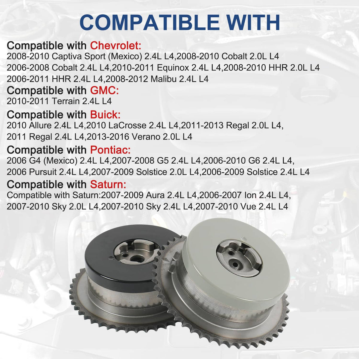 Two cam phaser sprockets with central hub holes, black and gray finishes