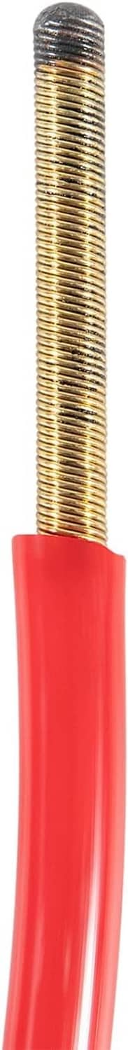 Close-up of red sheathed cable with exposed brass-colored inner wire