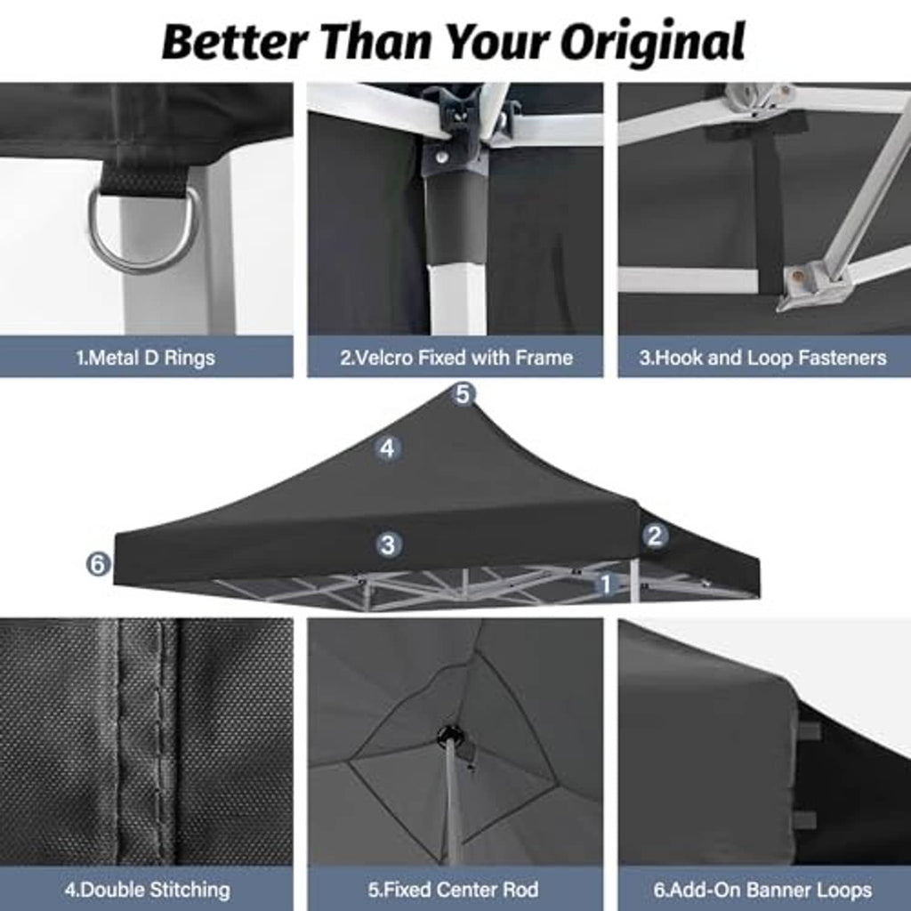 Black canopy top with metal D rings, hook-and-loop fasteners, and double-stitched seams