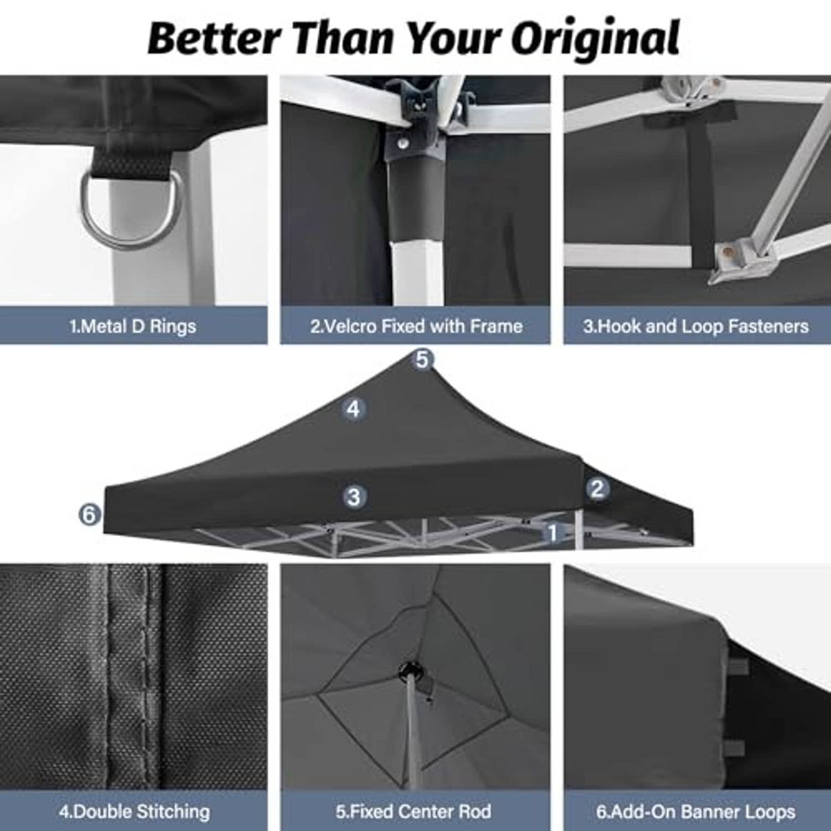 Black canopy top with metal D rings, hook-and-loop fasteners, and double-stitched seams
