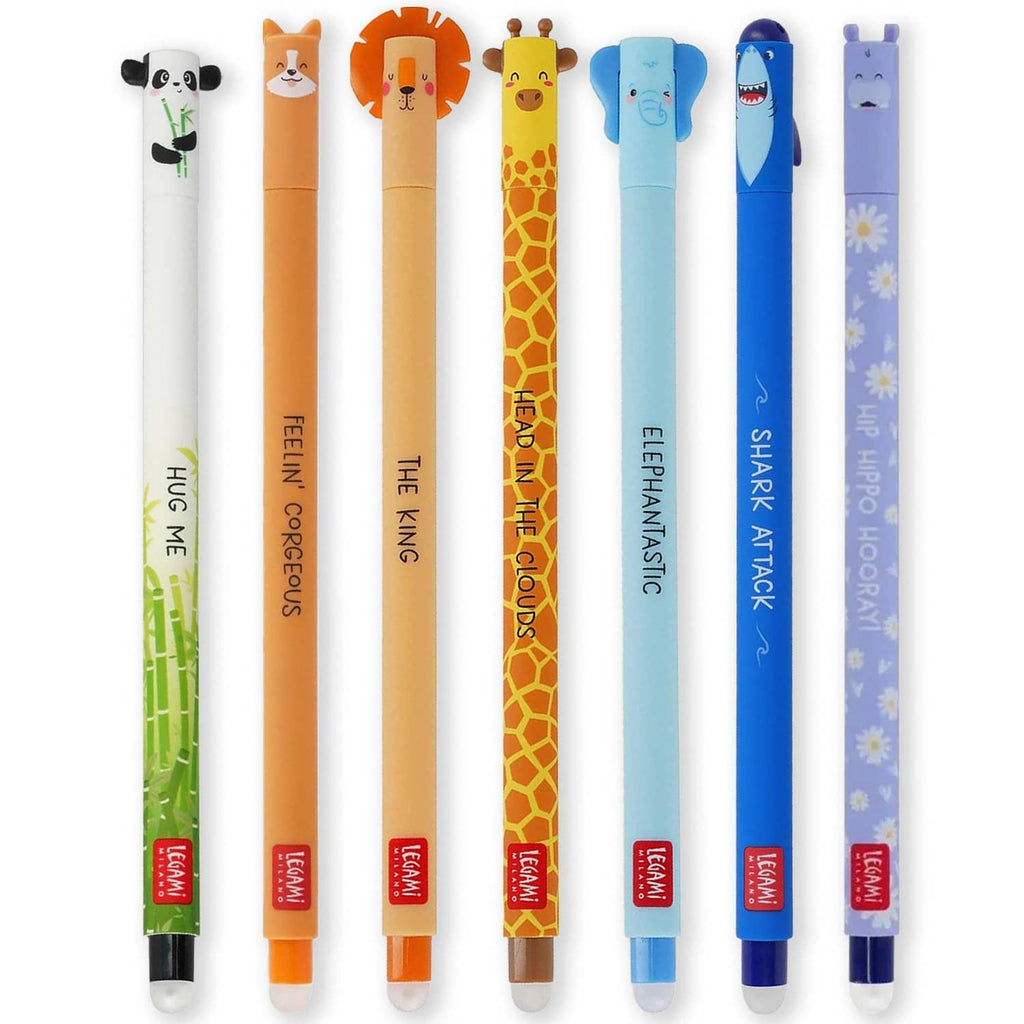 Set of 7 cute erasable gel pens with animal designs, assorted colors