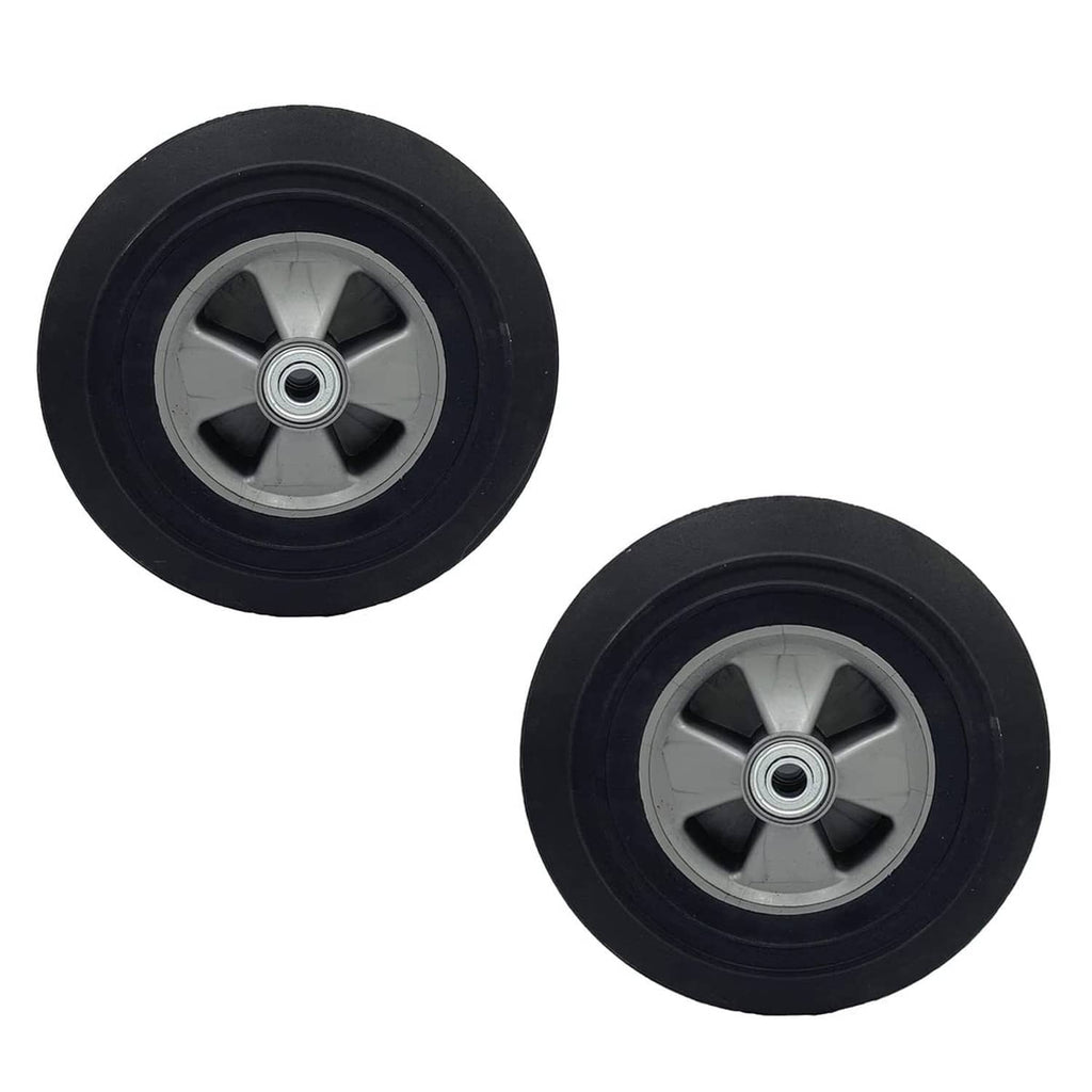 Solid rubber hand truck wheel with metal hub and axle bearing, black and gray