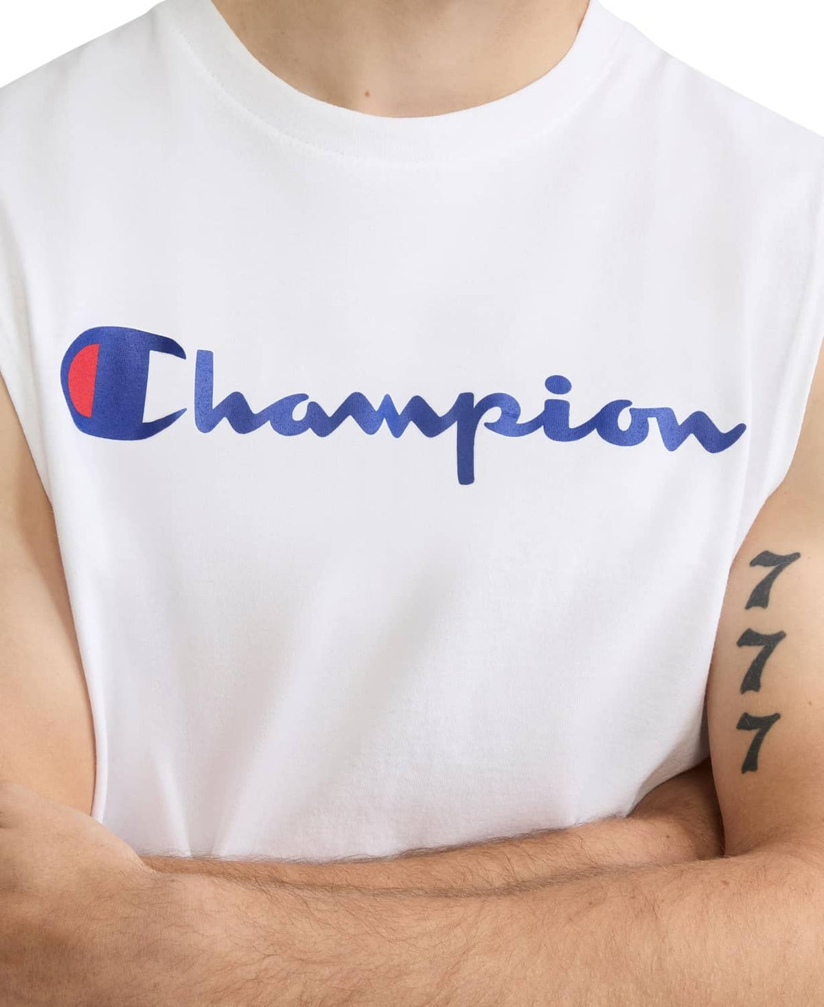 White muscle tee with blue Champion script logo close-up