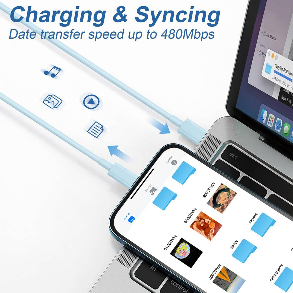 Light blue USB-C charging cable with Type-C connectors for phone and laptop power