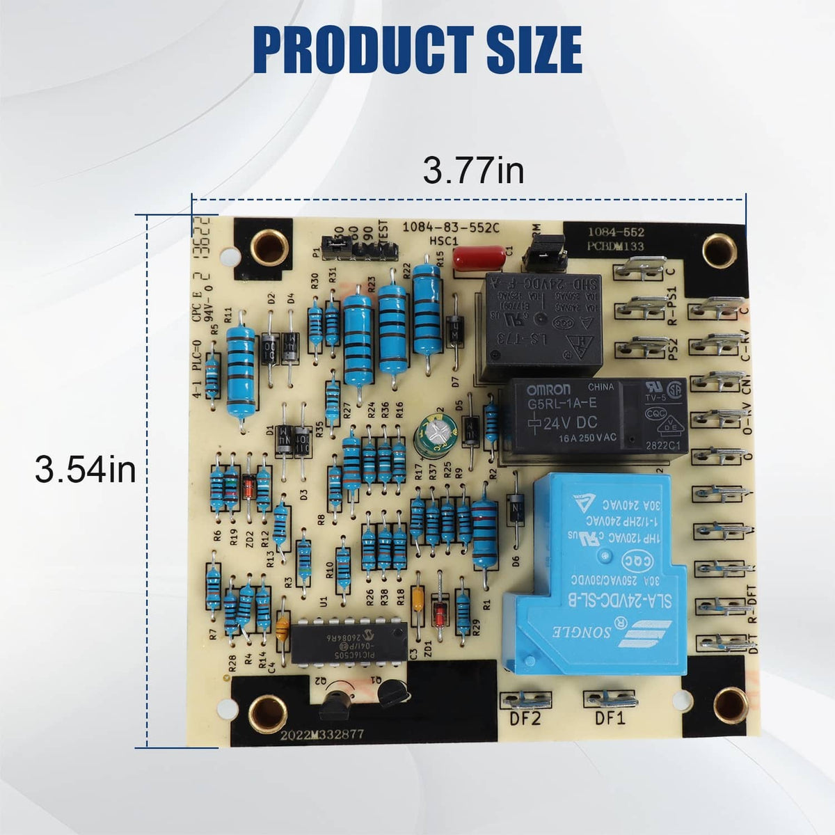 Defrost control board PCB with size markings, capacitors, and blue relay module