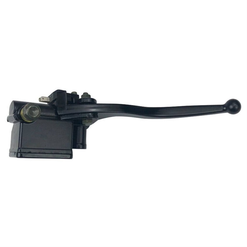 Black front brake lever with rectangular reservoir housing and long curved handle