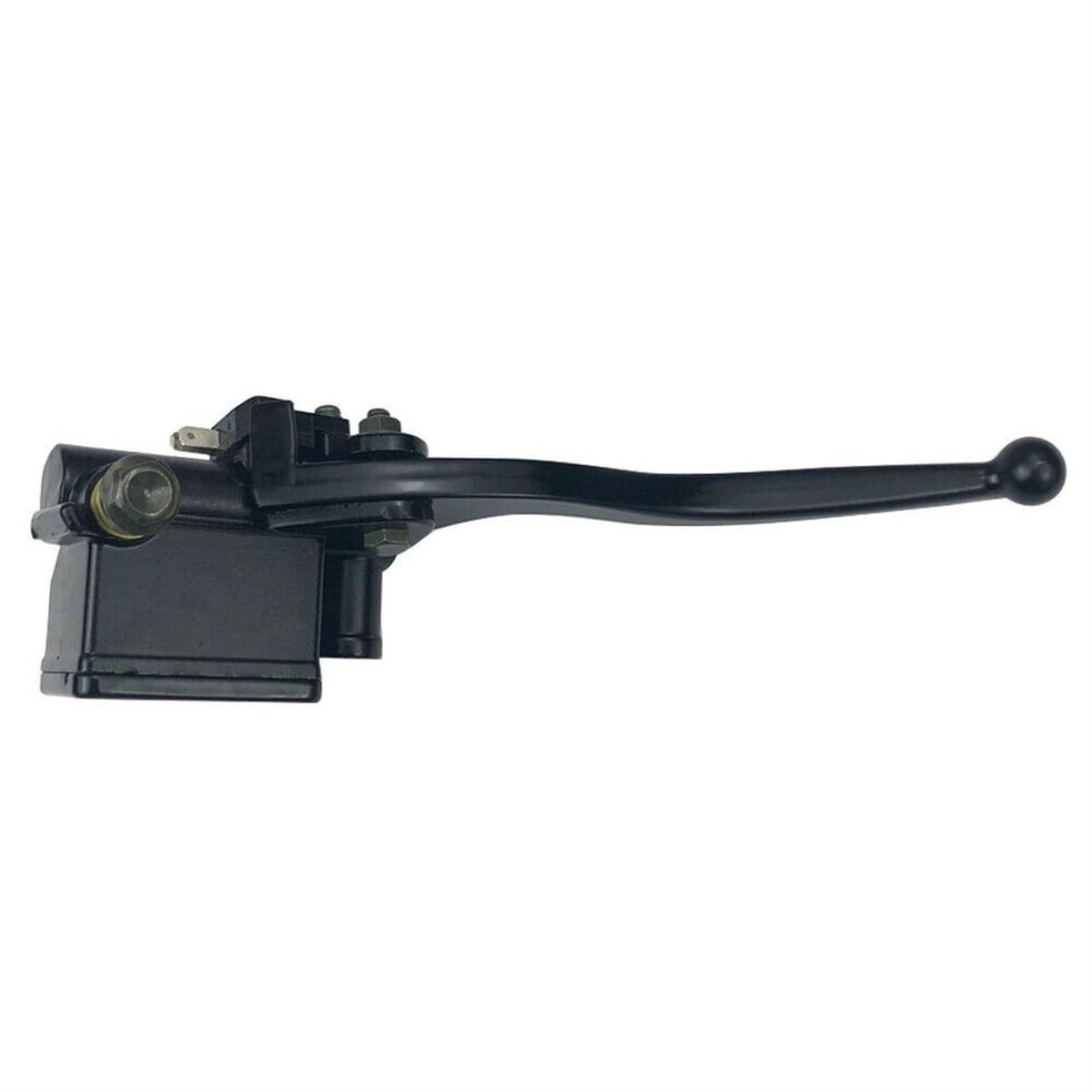 Black front brake lever with rectangular reservoir housing and long curved handle