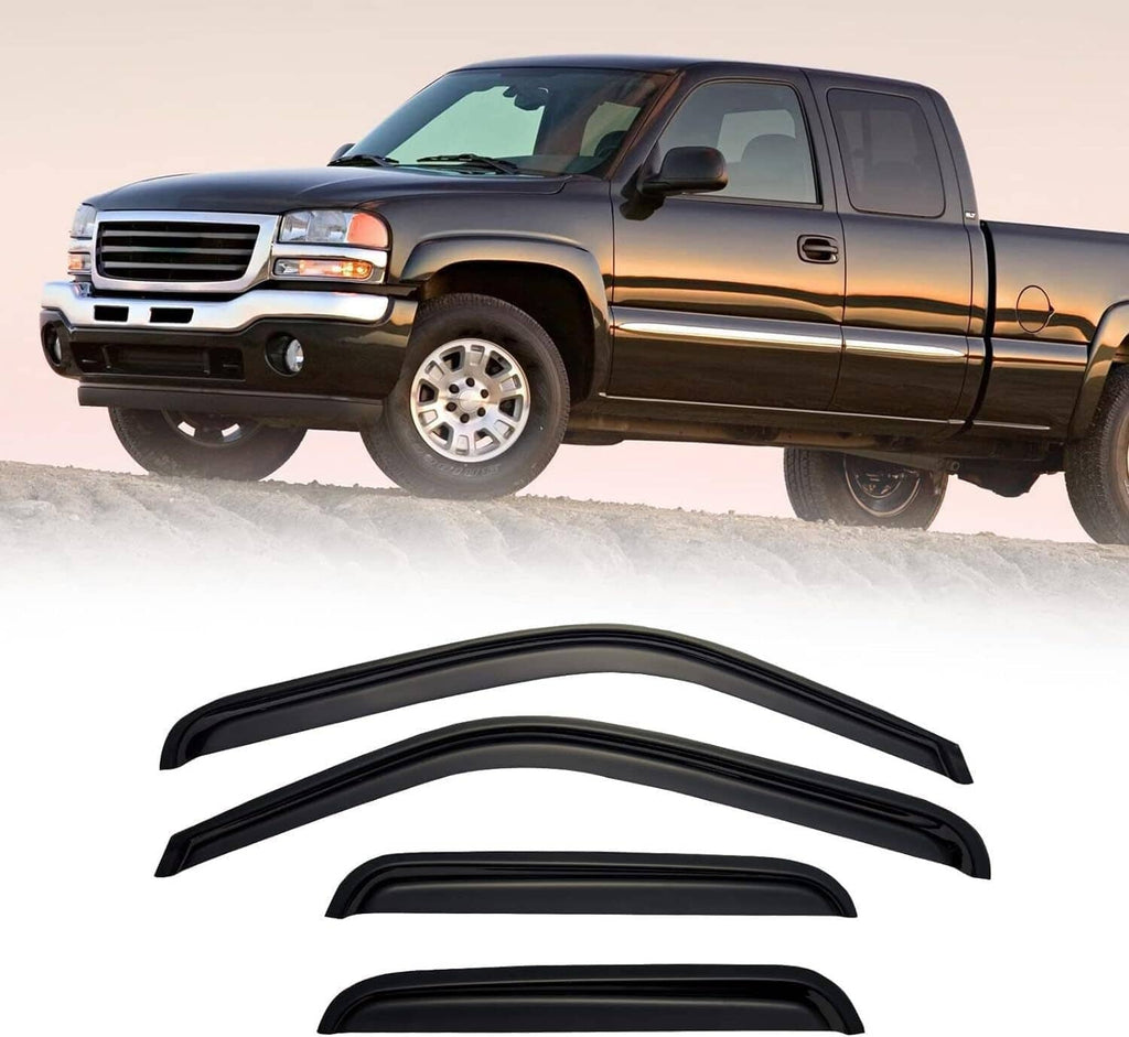 Black window rain and sun visor set for extended cab pickup trucks, curved acrylic style