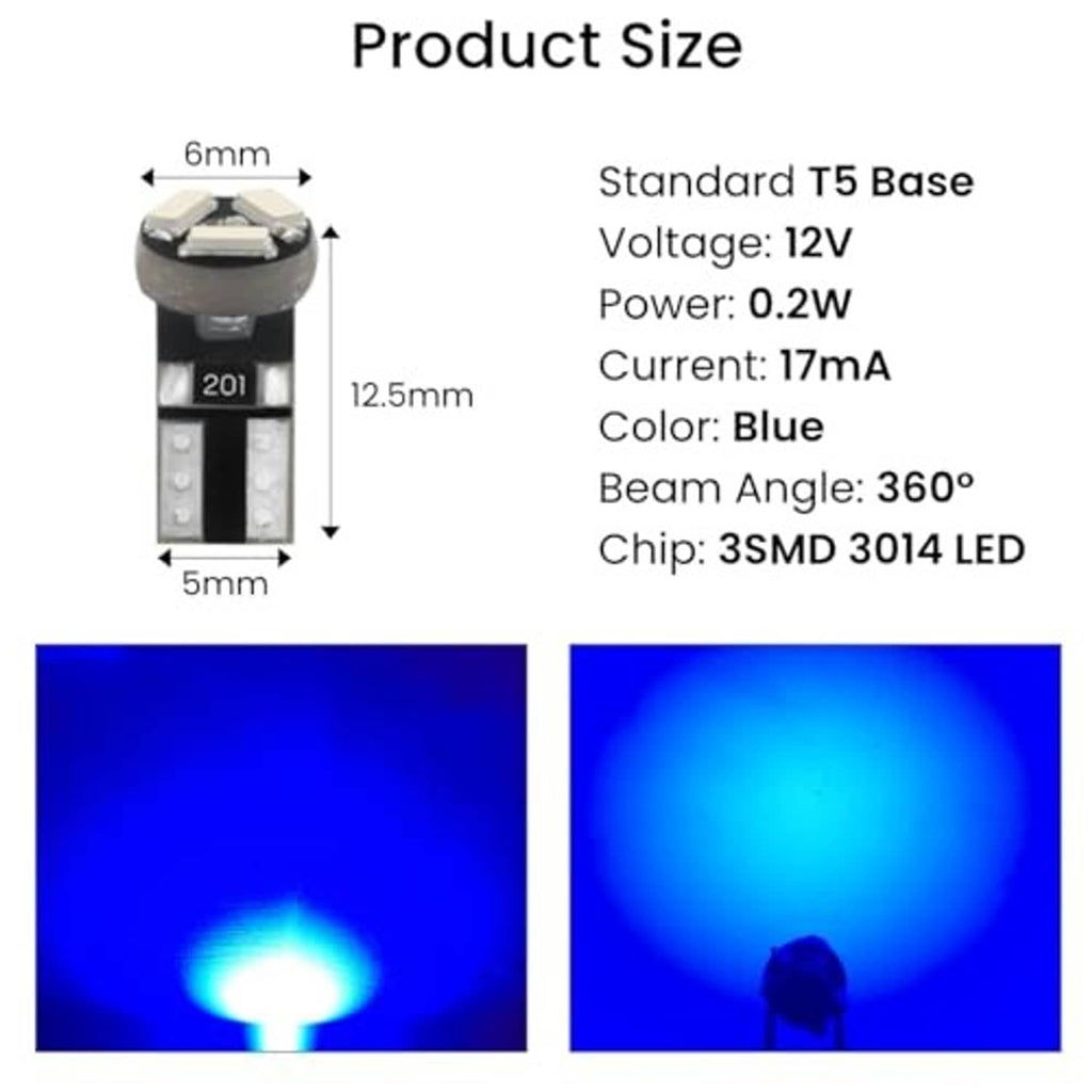 Blue T5 LED bulb with standard T5 base; 3x3014 LEDs, beam shown in blue glow