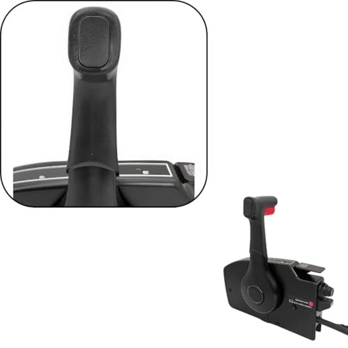Black lever-style side-mount outboard remote control box with cable connection points