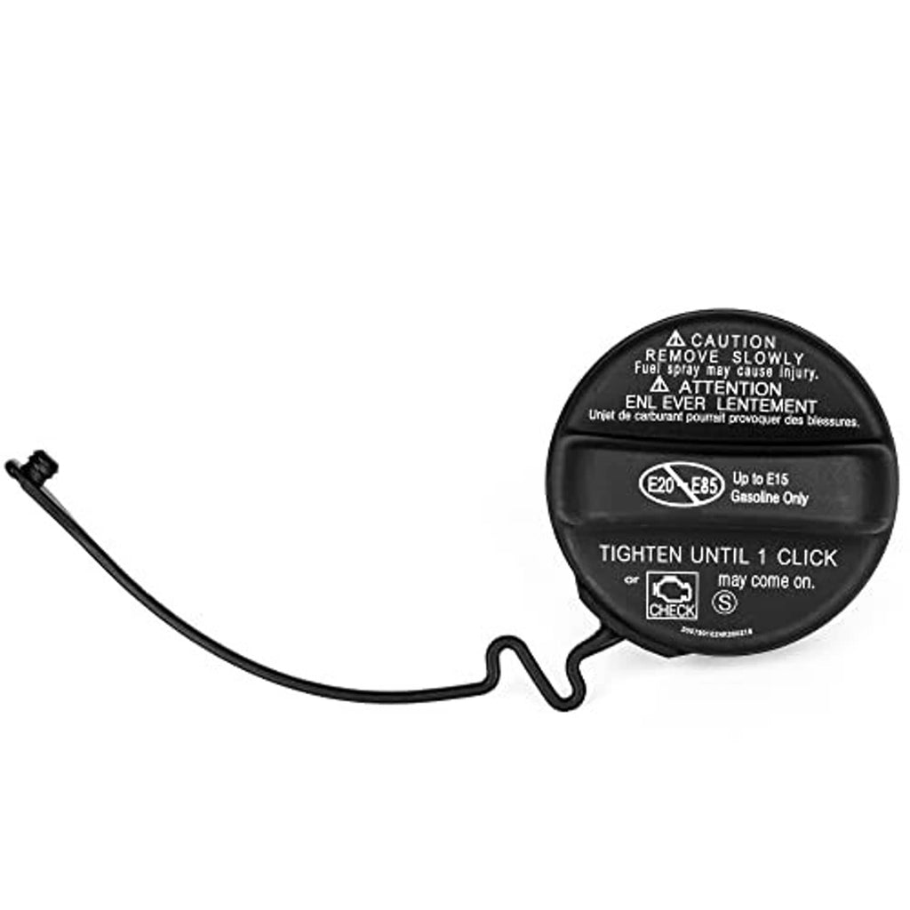 Black fuel gas cap with caution label and long tether hose loop