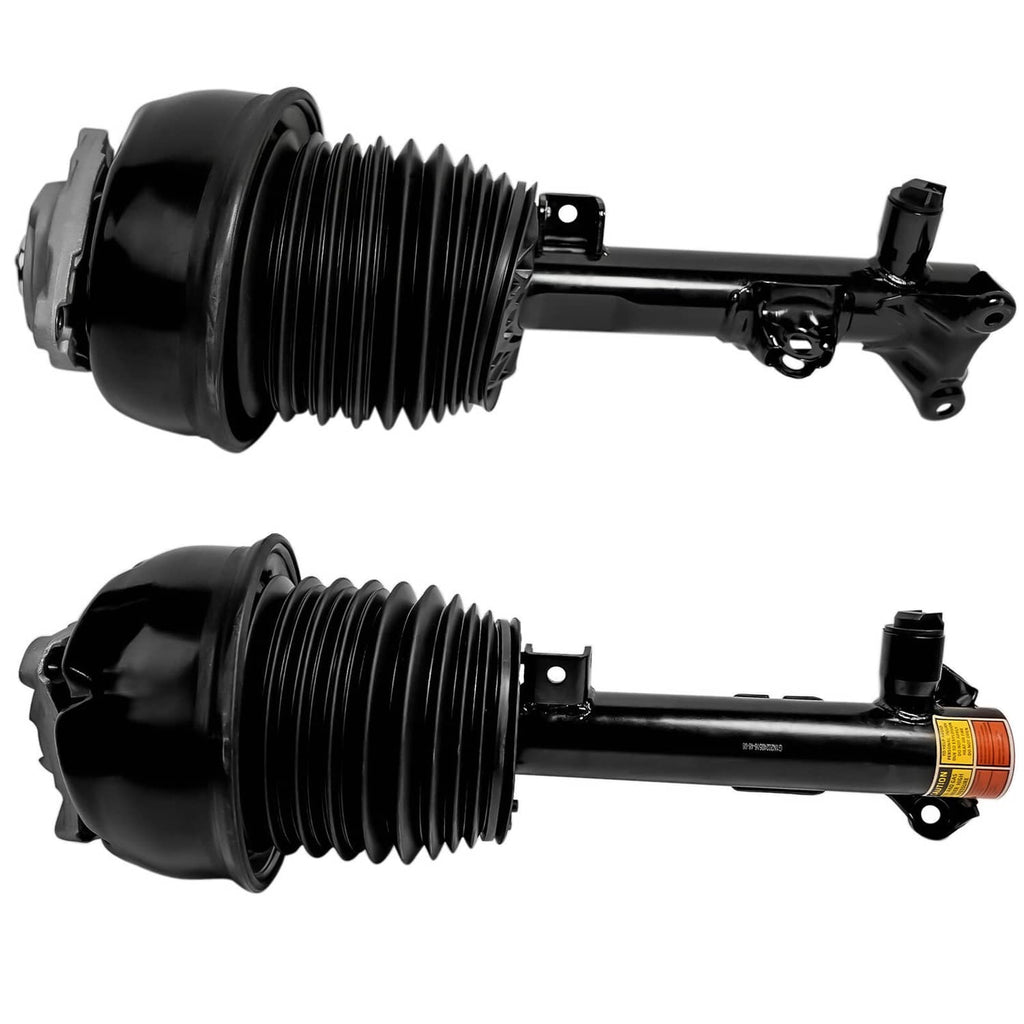Front air suspension shock strut set with black bellows and mounting hardware, pair