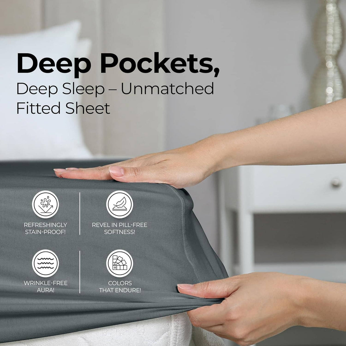 Dark gray deep pocket fitted sheet with wrinkle-free, color-stay fabric finish