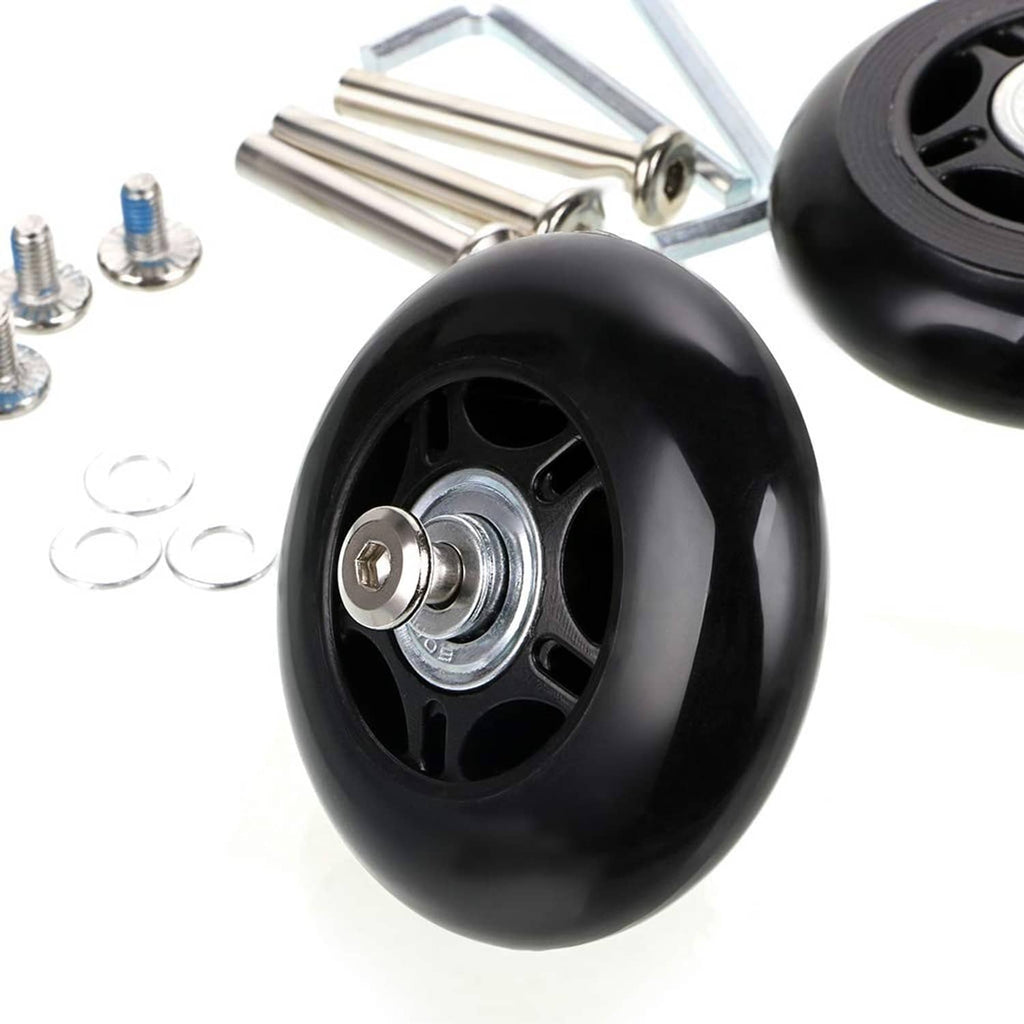 Black replacement luggage wheel with hub bearing and chrome axle bolts
