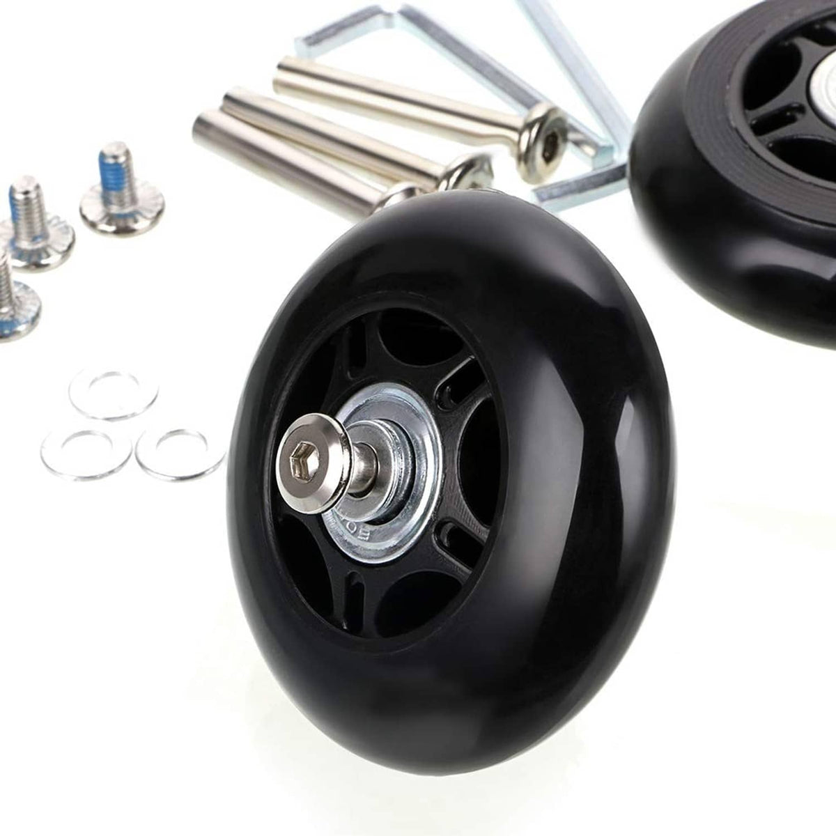 Black replacement luggage wheel with hub bearing and chrome axle bolts