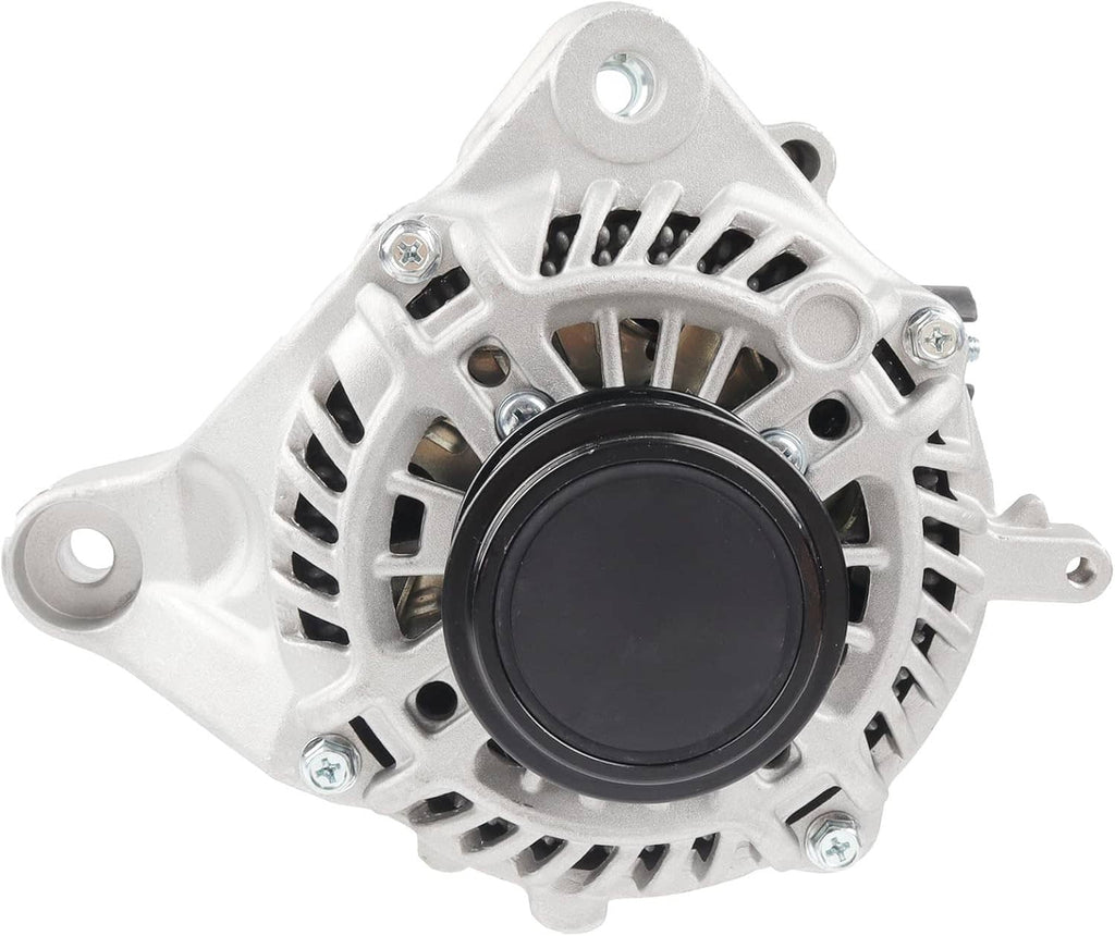 Car alternator with silver housing and black front cover, multiple cooling vents