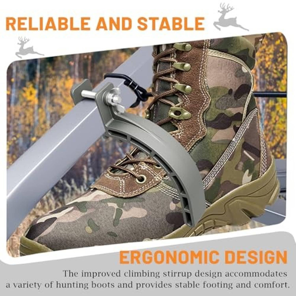 Grey tree stand climbing stirrup with hunting boots attached and secure bracket
