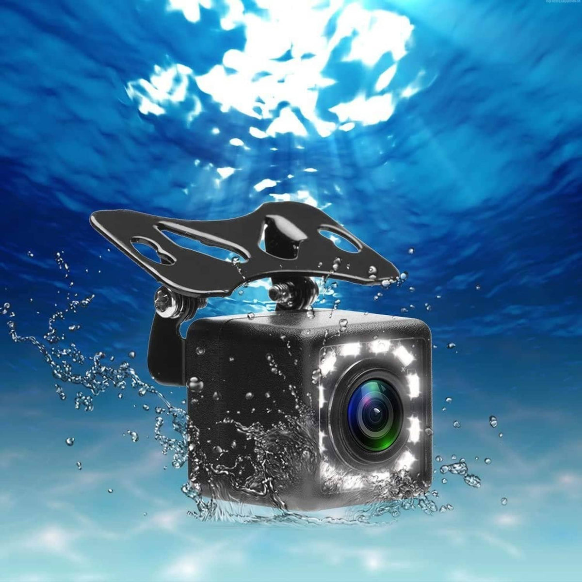 Car rear view backup camera in black housing with lens, splashing water effect
