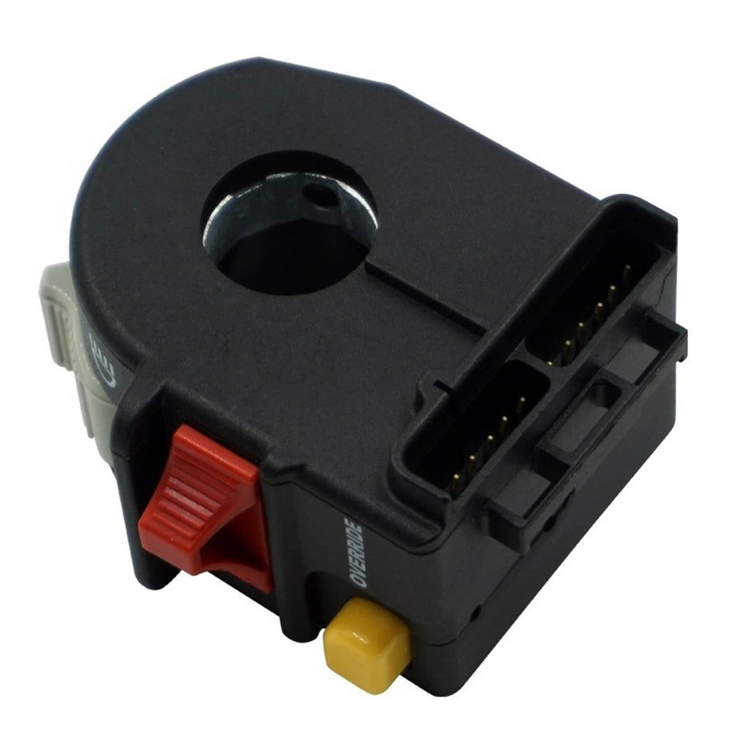 Left handlebar switch rear view with wiring connector, black housing, red rocker, yellow override