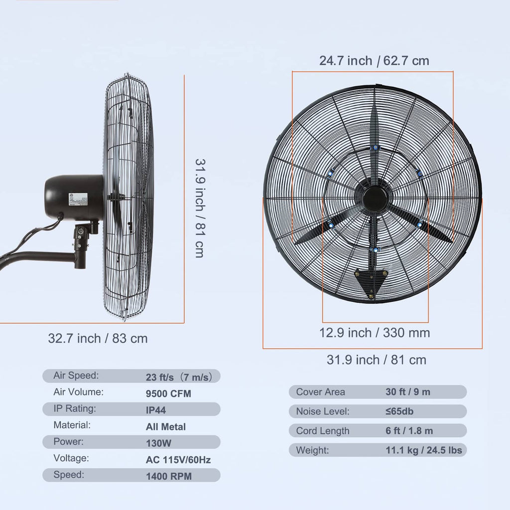 Wall-mount misting fan with size diagram showing circular grille and wall-mount base