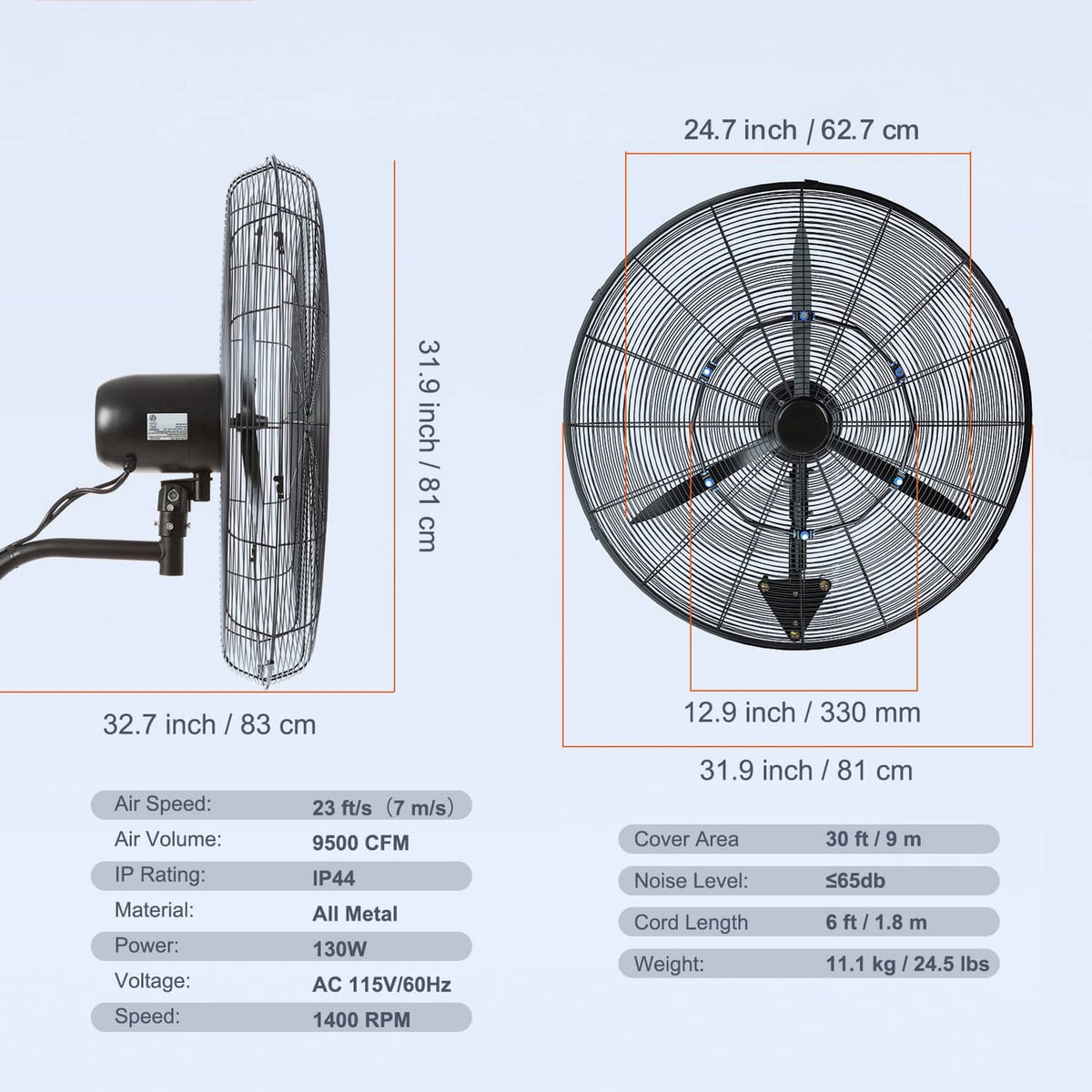 Wall-mount misting fan with size diagram showing circular grille and wall-mount base
