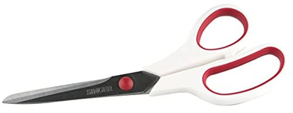 Single Singer scissor with red finger loop, white handle, and gray metal blade