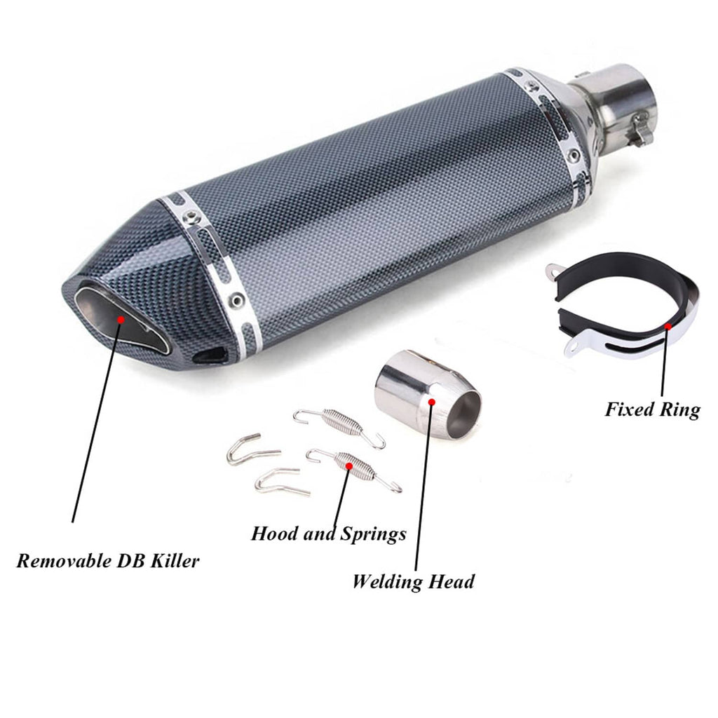 Motorcycle exhaust muffler with carbon fiber shell, removable DB killer, and springs
