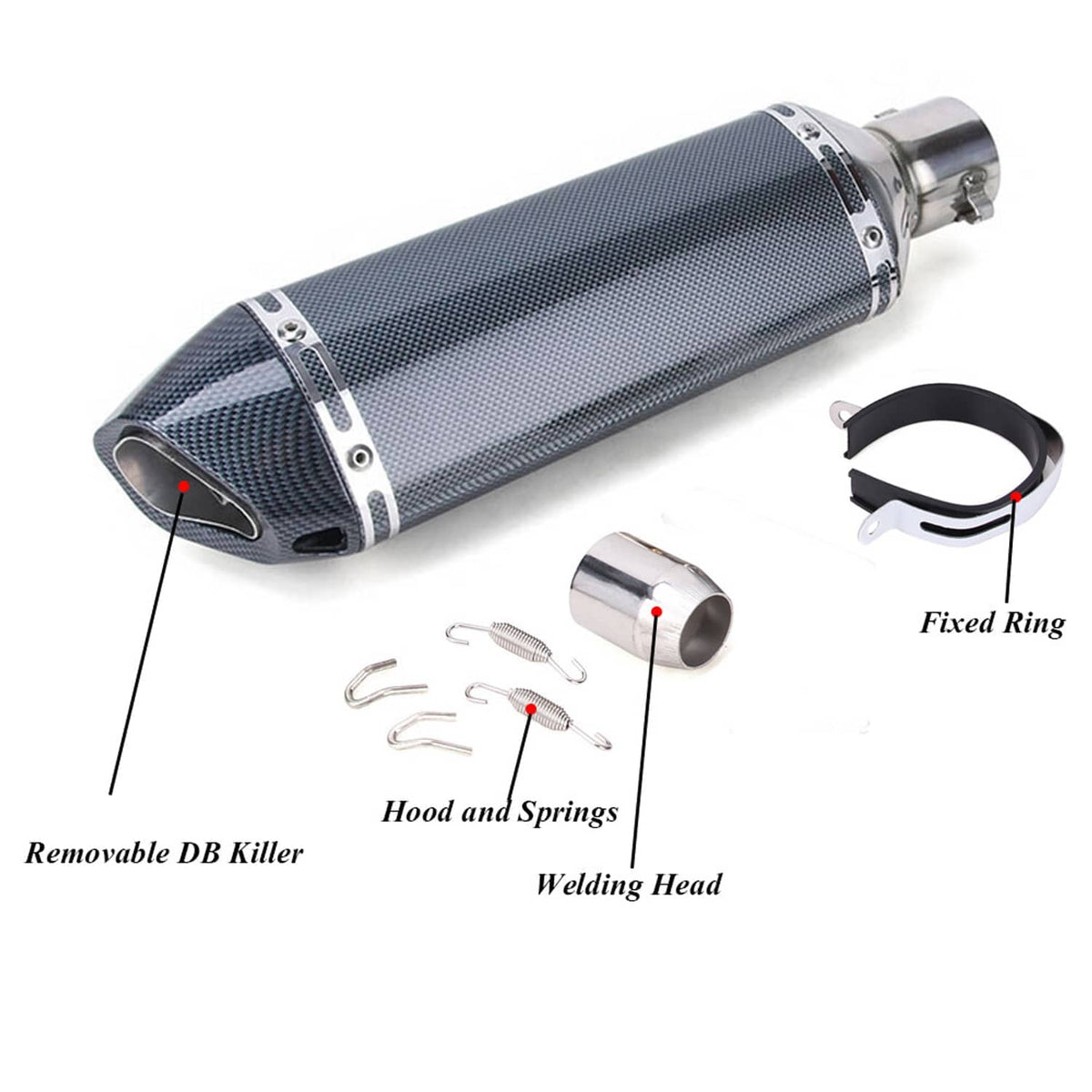 Motorcycle exhaust muffler with carbon fiber shell, removable DB killer, and springs