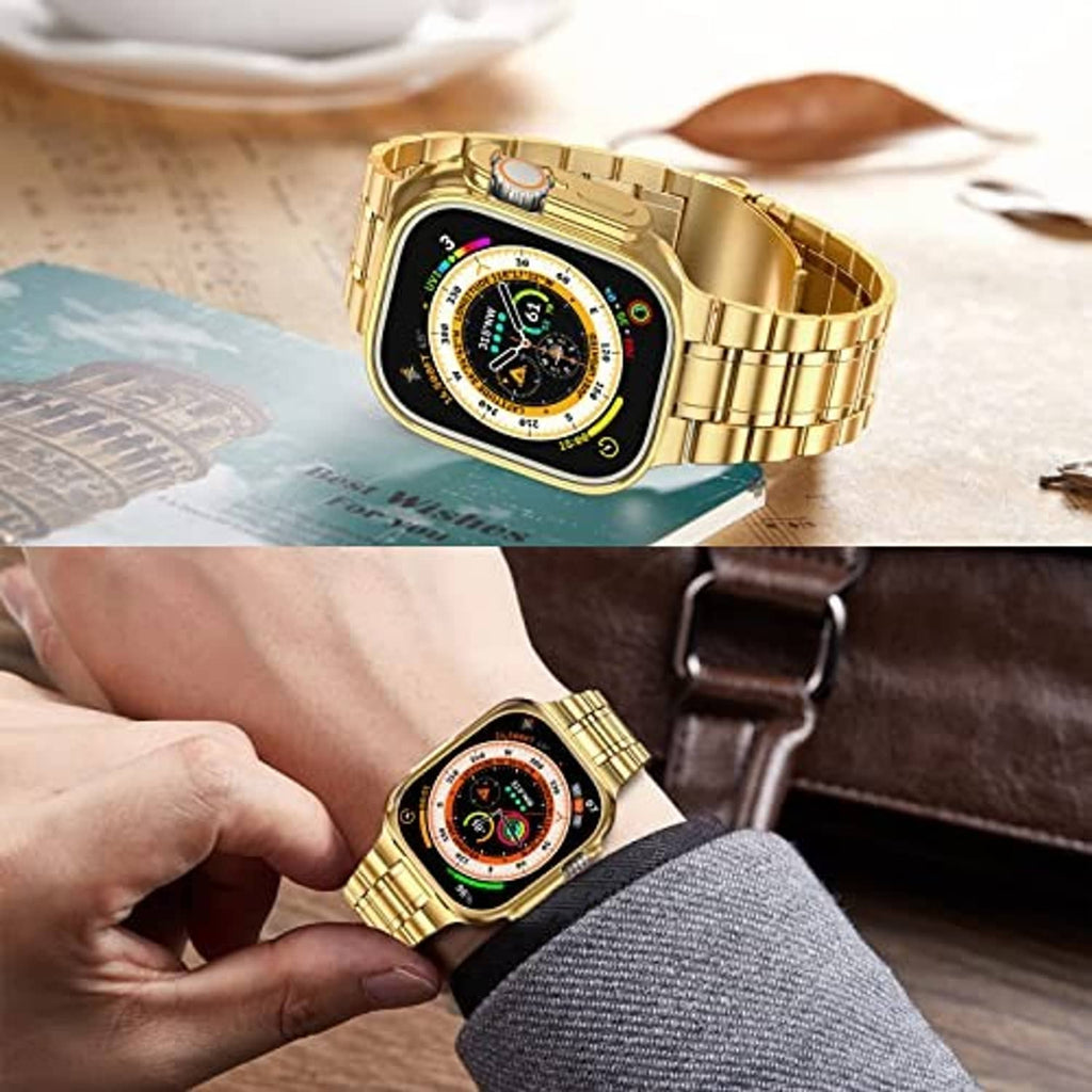 Gold stainless steel watch band worn on wrist with glossy flat-link bracelet design