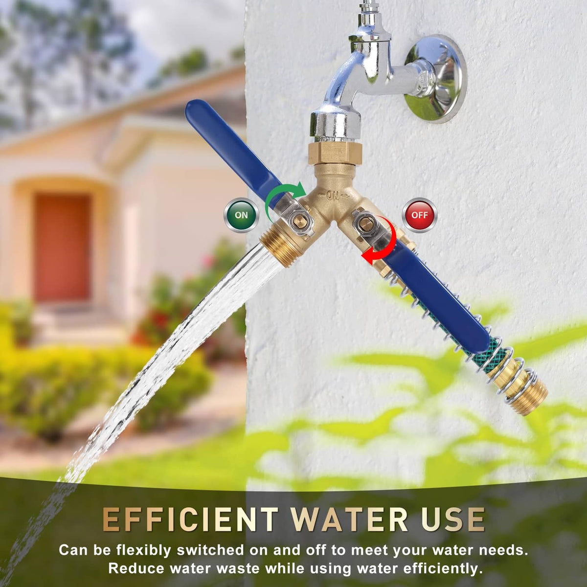 Brass garden hose splitter with blue handles attached to a wall faucet