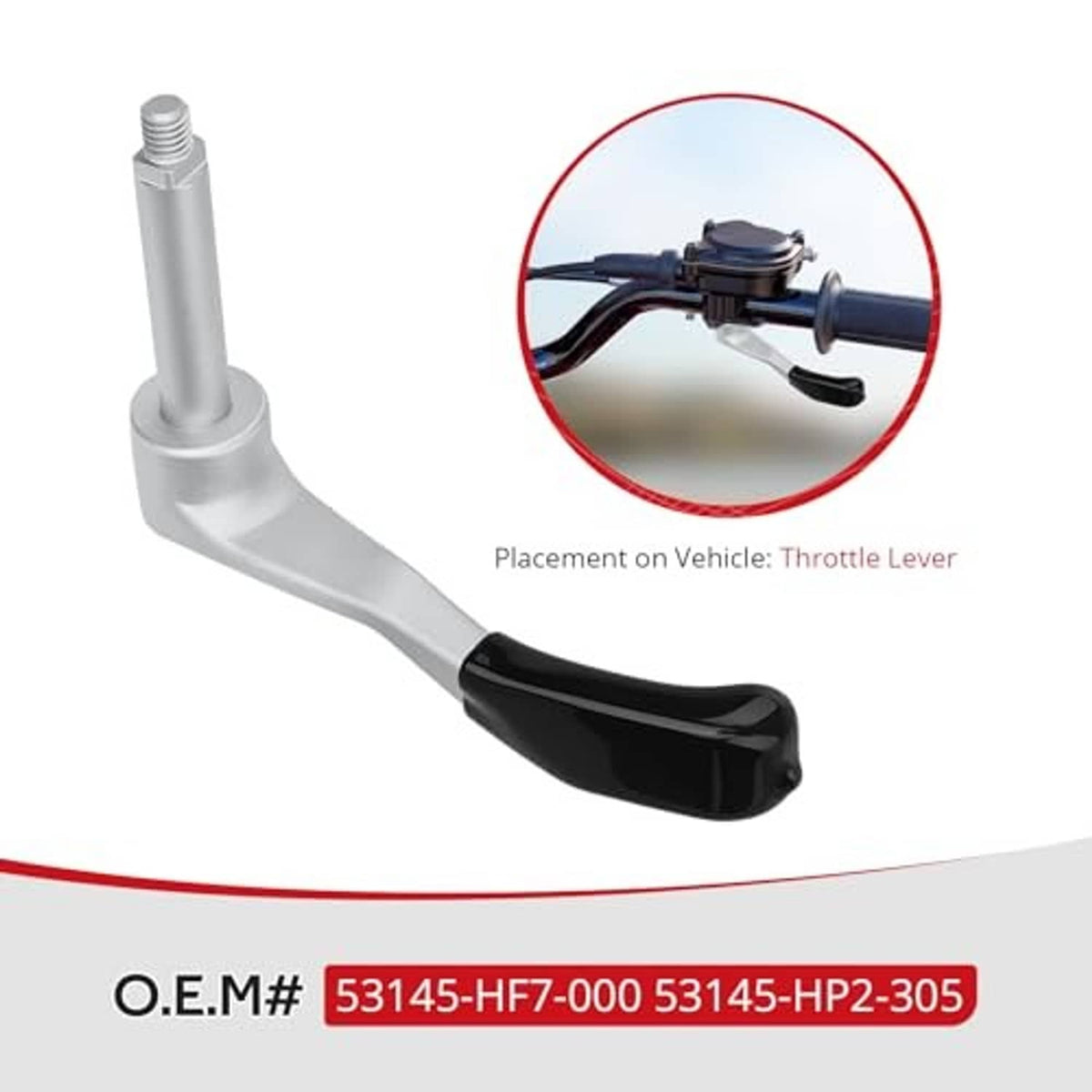 ATV throttle lever with black grip, silver lever arm, and threaded mounting bolt