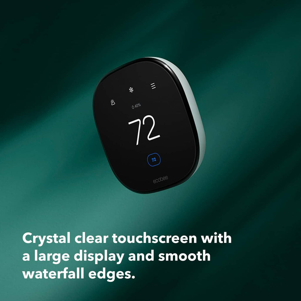 Black ecobee thermostat angled view with large 72 touchscreen and curved edges