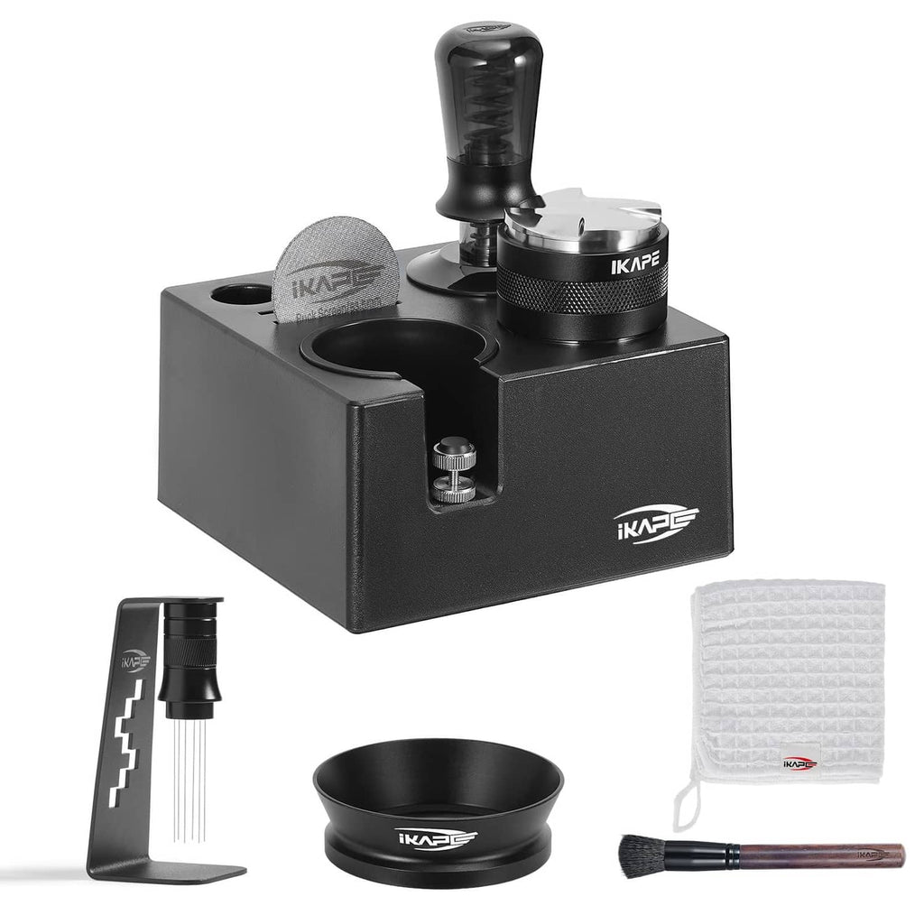 Black espresso tamper tool set station with tamper and accessories