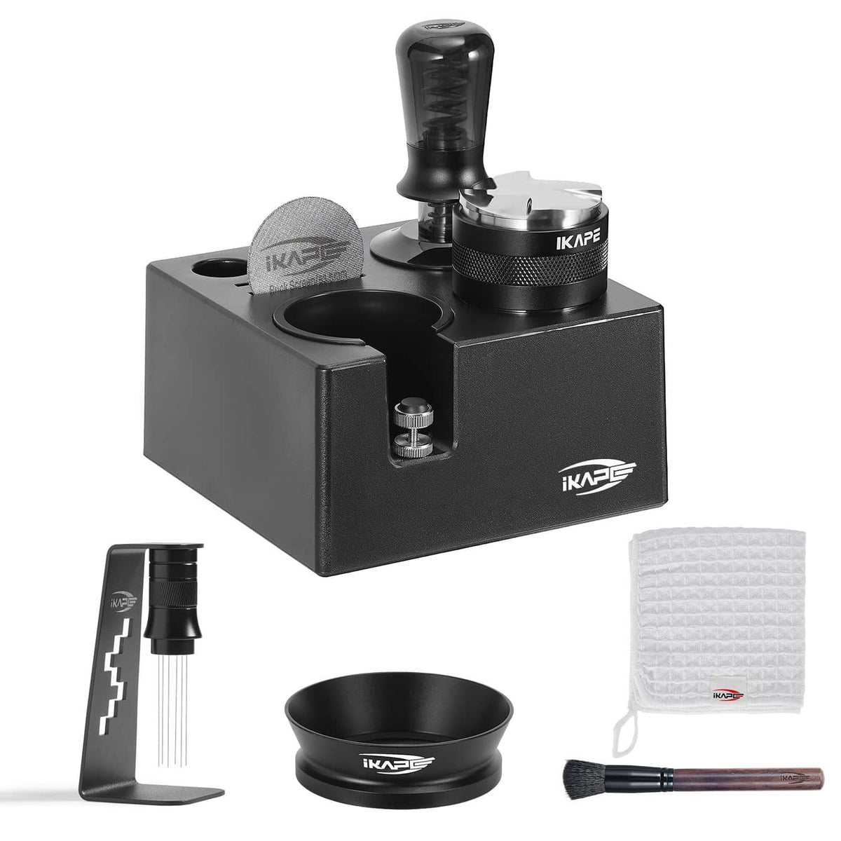 Black espresso tamper tool set station with tamper and accessories