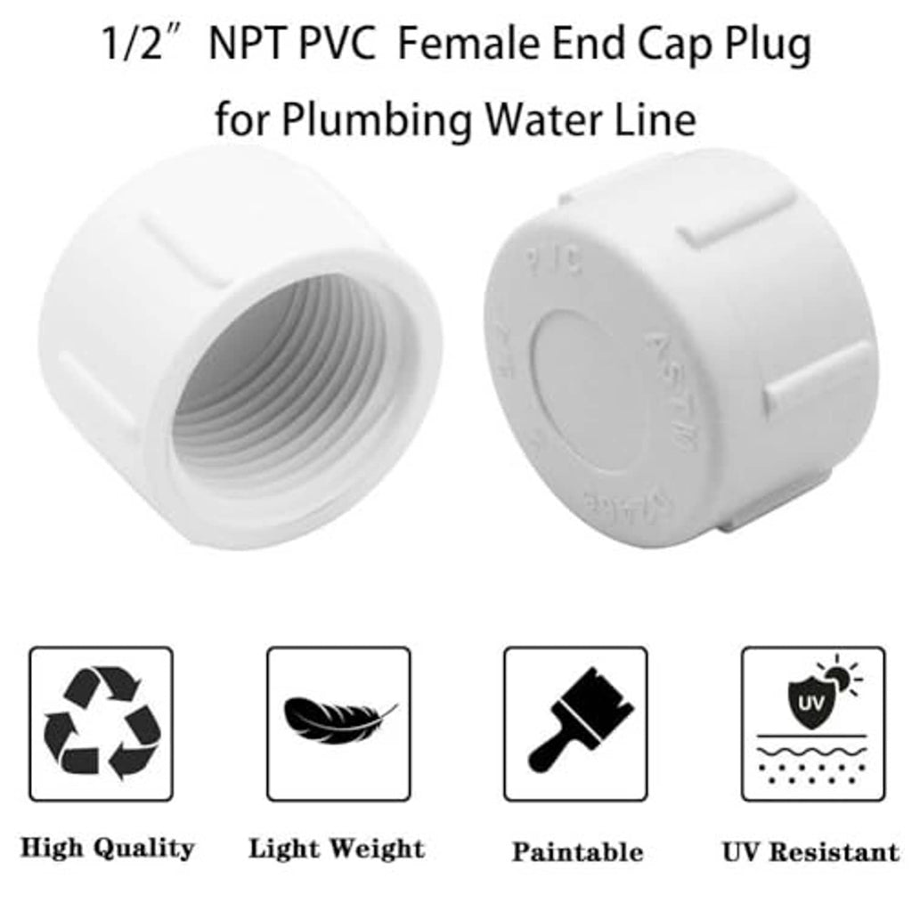 White PVC threaded end cap plug with female internal threads for 1/2 in pipe