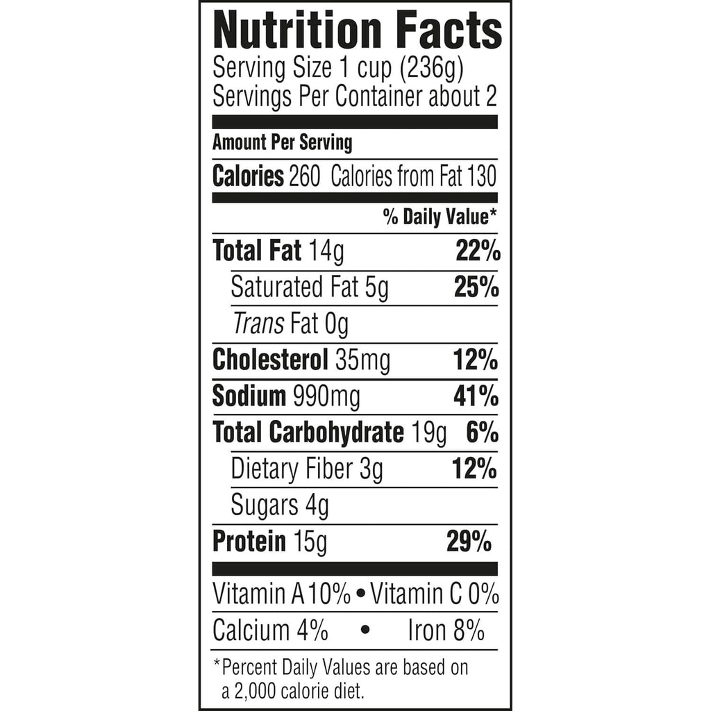 Nutrition facts panel for Hormel chili: 15g protein per serving