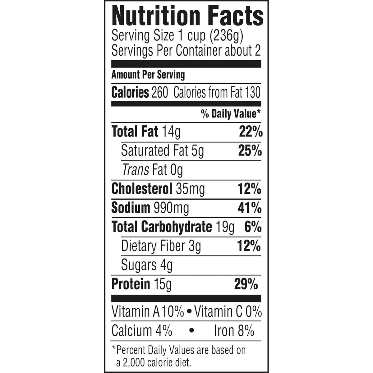 Nutrition facts panel for Hormel chili: 15g protein per serving