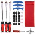 Motorcycle tire changing tool kit with chrome levers, red handles, and red storage bag