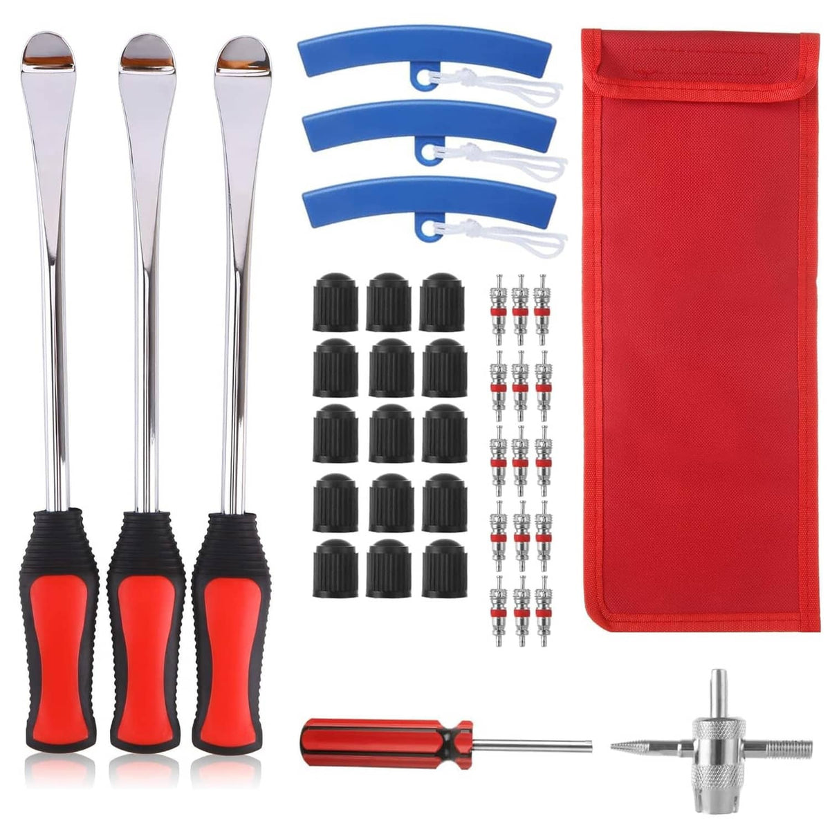 Motorcycle tire changing tool kit with chrome levers, red handles, and red storage bag