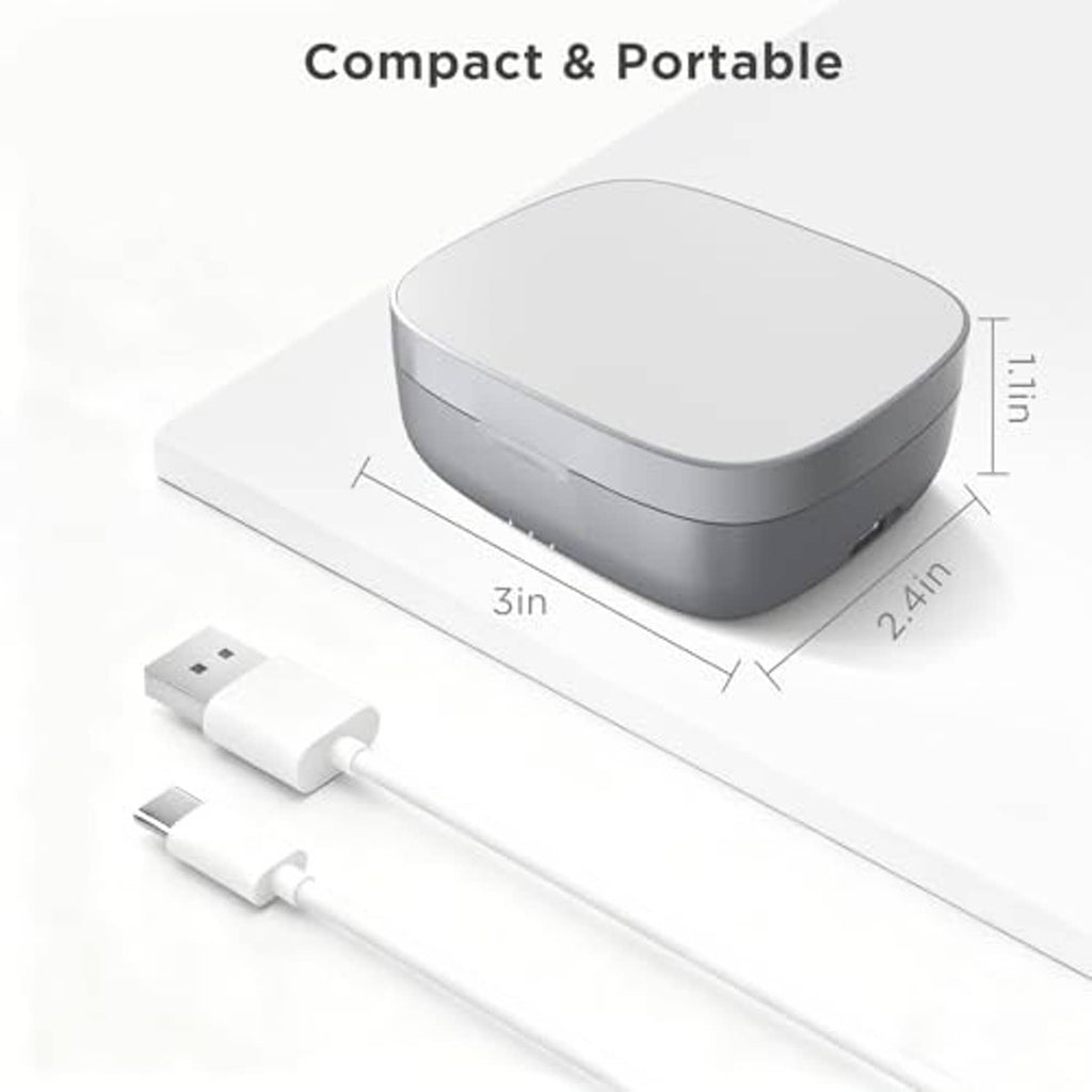 Compact silver charging case with two included USB cables