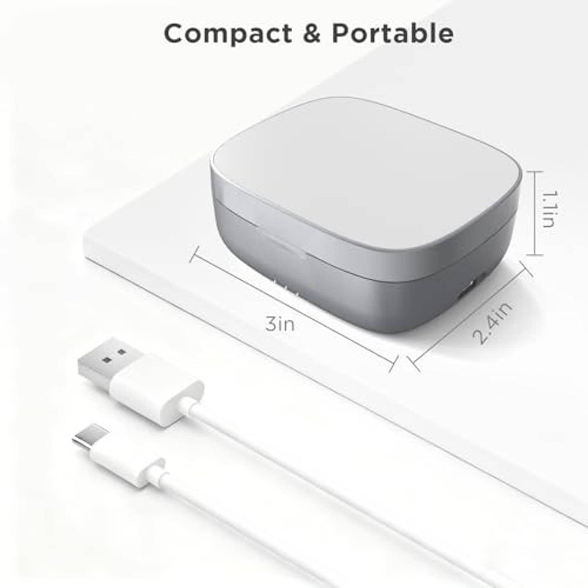 Compact silver charging case with two included USB cables
