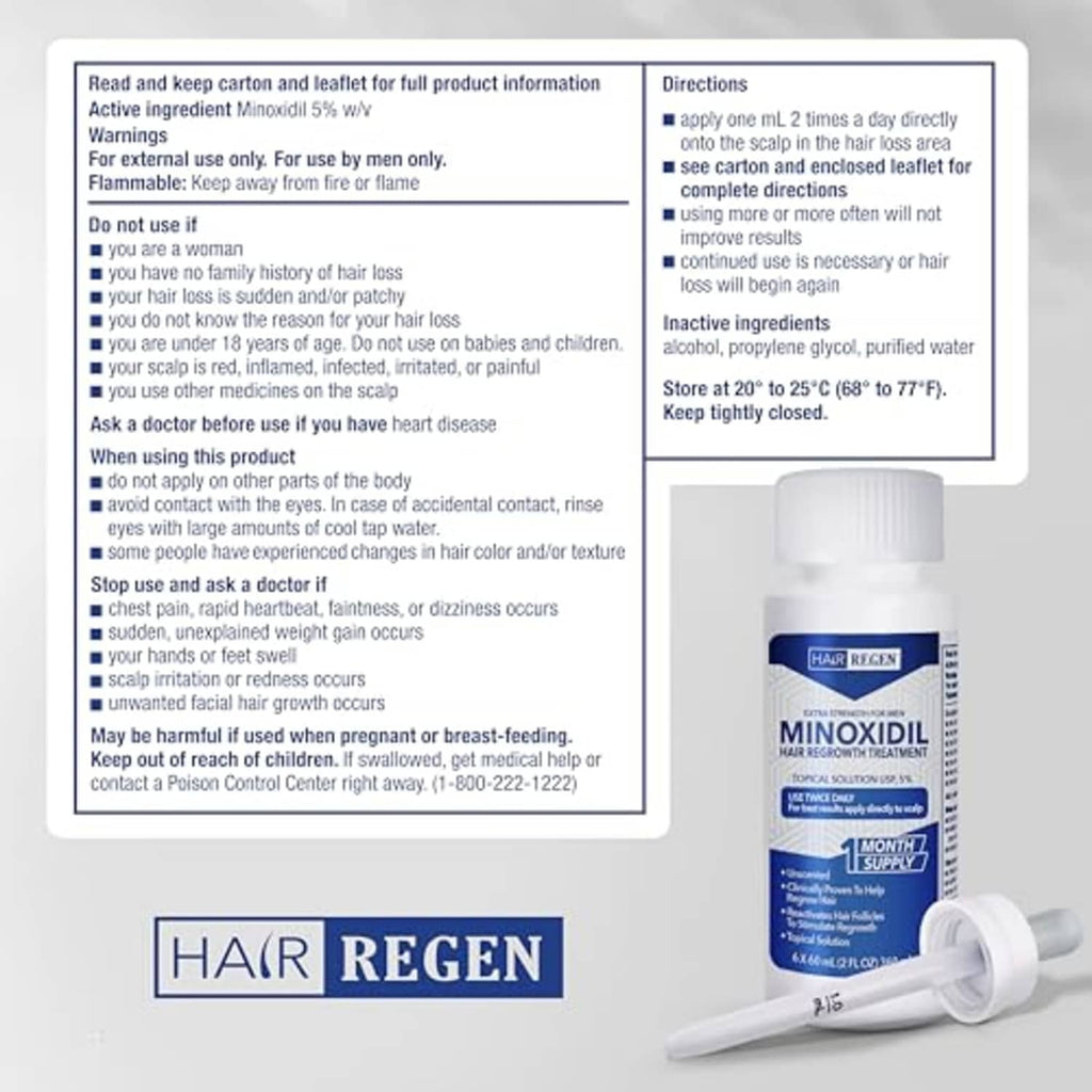 Hair Regen minoxidil topical solution bottle with directions label and nozzle dropper