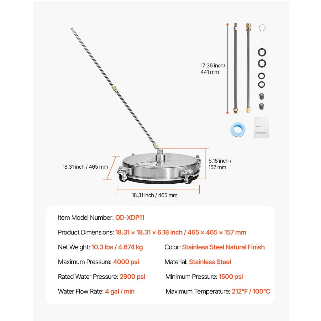 18 in stainless steel pressure washer surface cleaner with extension wands and 4 wheels