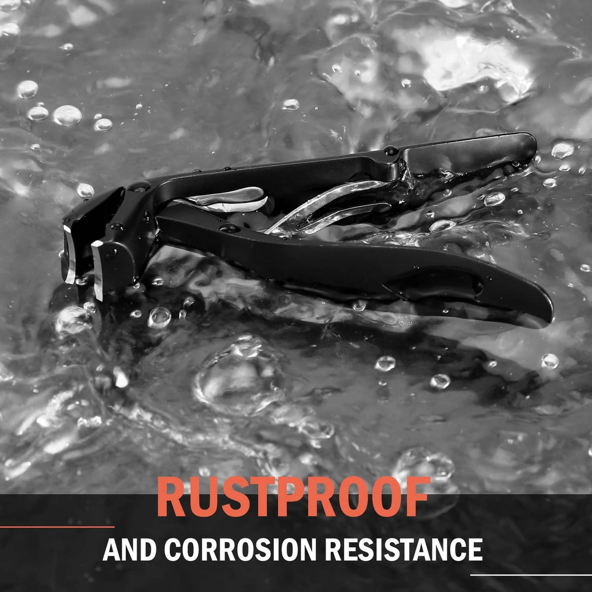 Black angled toenail clipper in water, rustproof corrosion-resistant design