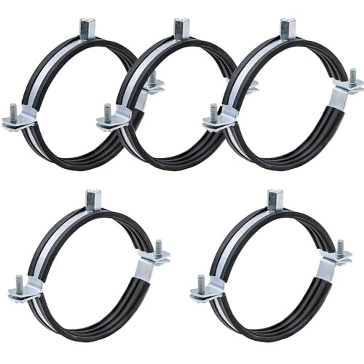 Split ring pipe hanger set, black rubber rings with galvanized mounting brackets