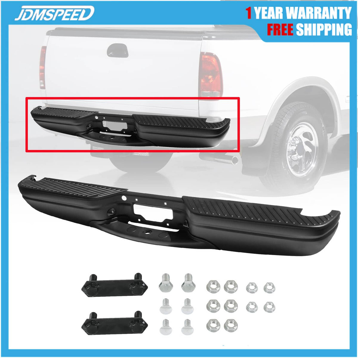 Black rear step bumper with textured tread and mounting bracket holes