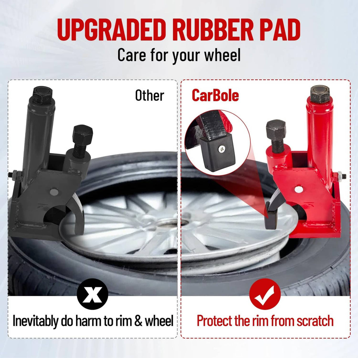Manual tire bead breaker with black rubber pad touching a wheel rim to prevent scratches