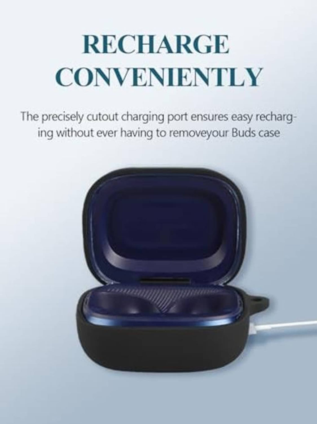 Black and blue earbuds charging case with front charging port cutout