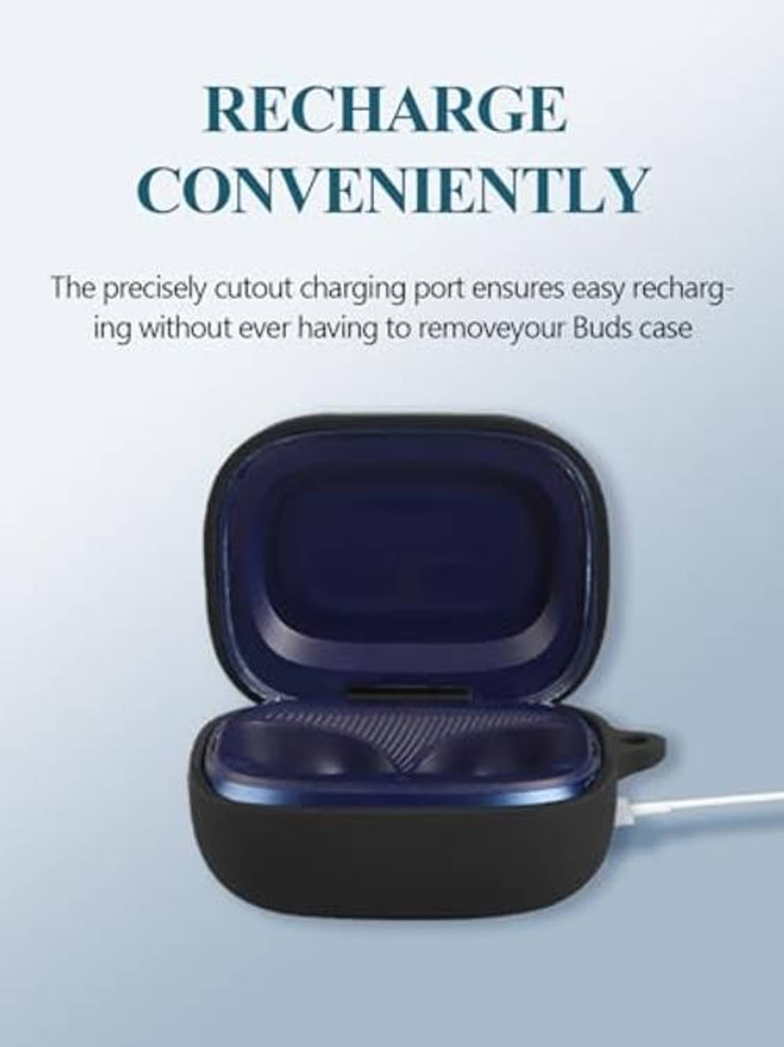 Black and blue earbuds charging case with front charging port cutout
